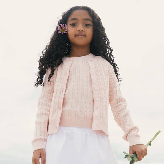 Organic Short Sleeve Cable Sweater: Pale Pink