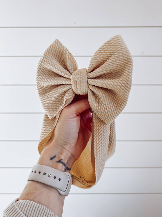 Tan Bullet Bow + Headwrap : NEWBORN HEADWRAP (5INCH BOW) BEST FITS 0-3M