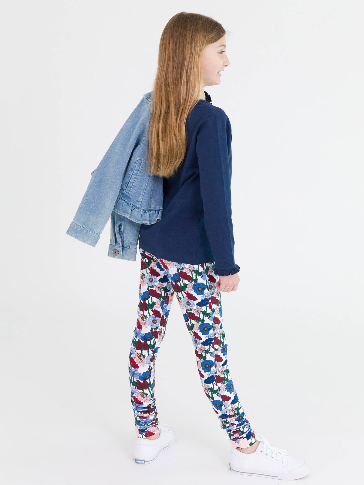 Girls Dark Navy Knit Long Sleeve Ruffle Sleeve Top