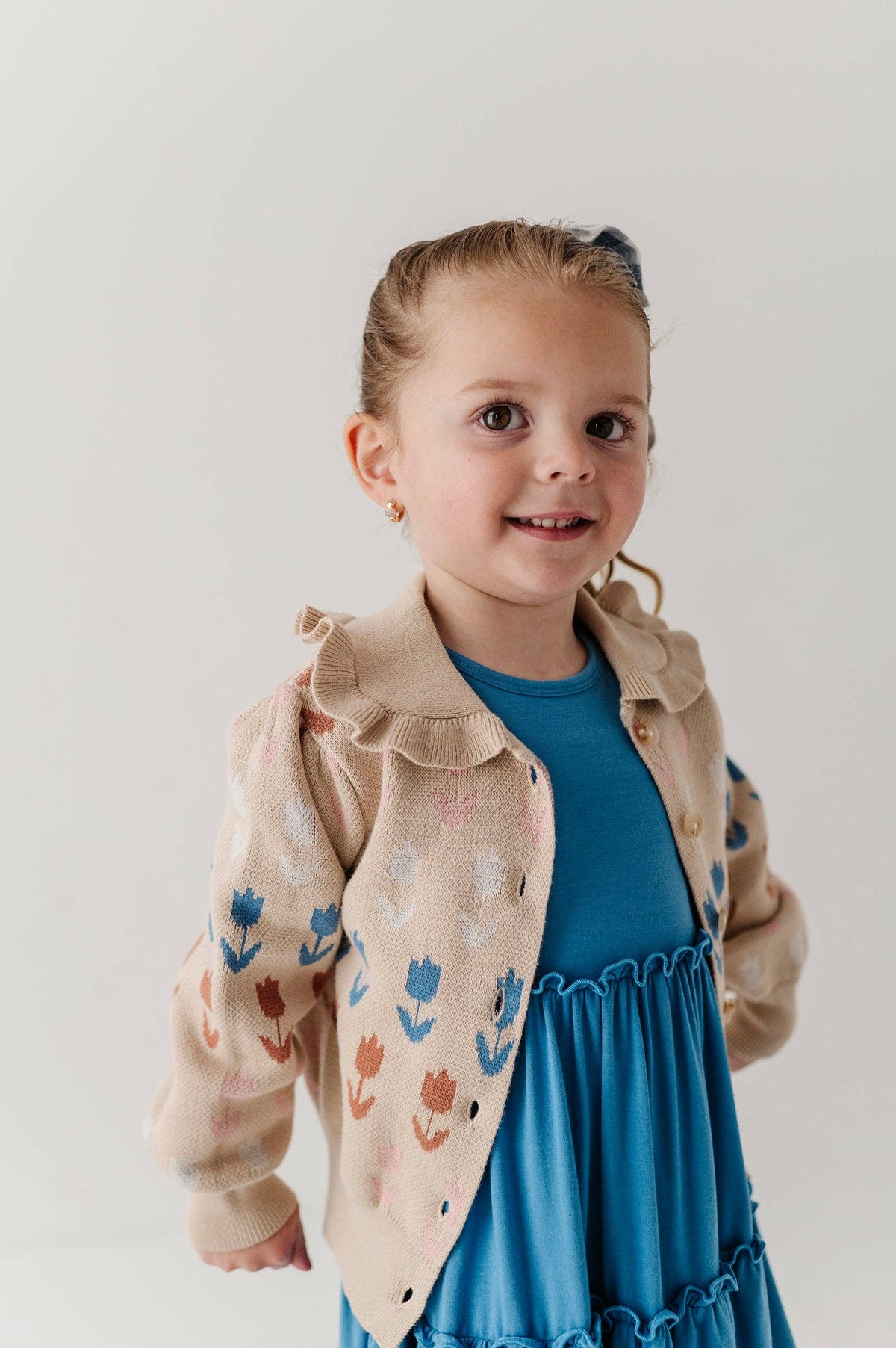 Babysprouts Girl's Floral Knit Cardigan: Beige Tulip Intarsia