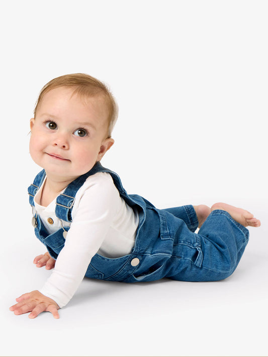 Boys Medium Wash Stretch Denim Overalls: Blue