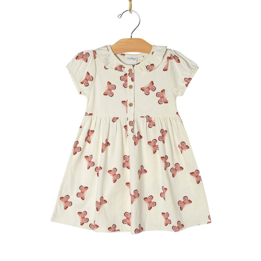 Girl Spring Frill Collar Henley Dress- Butterflies
