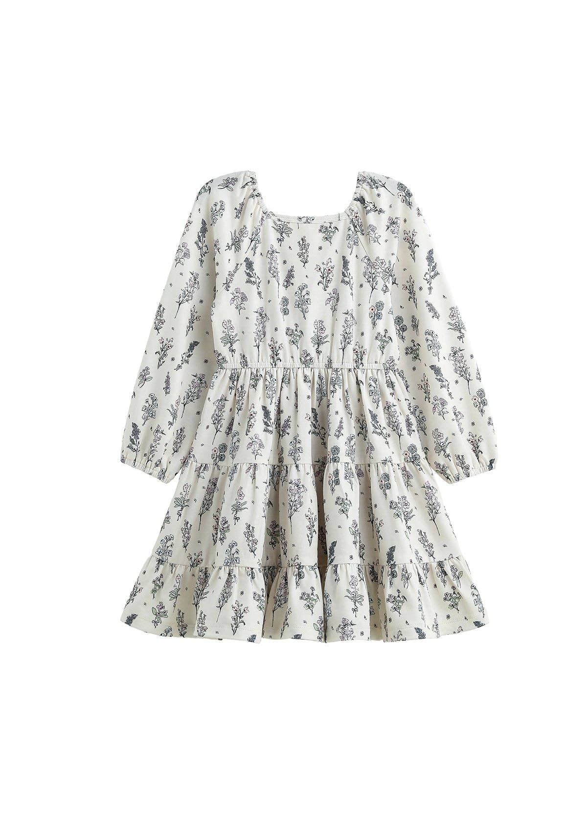Gracie Long Sleeve Floral Print Tiered A Line Dress: Purple
