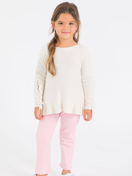 Girls Ivory Ruffle Hem Lace Up Sweater: Off-White