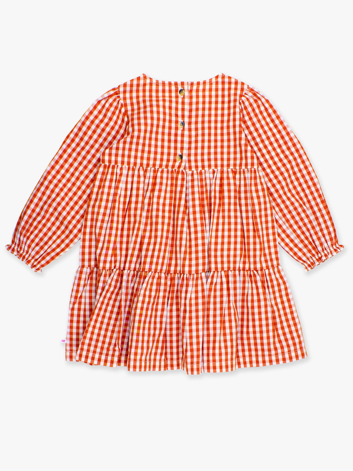 Girls Classic Rust Gingham Woven Long Sleeve Tiered Twirl Dress: Orange