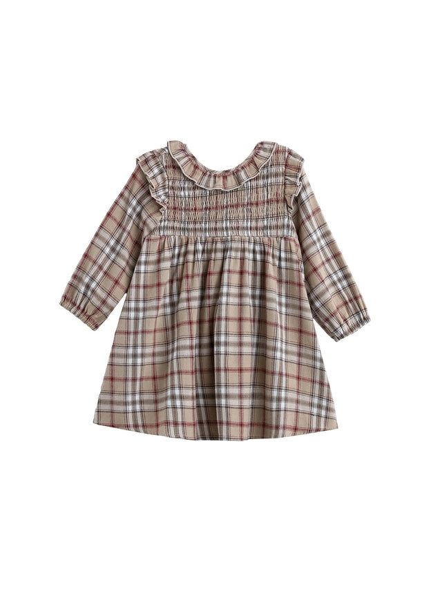 Chestnut Long Sleeve Plaid Ruffle Collar Smocked Bodice Dress