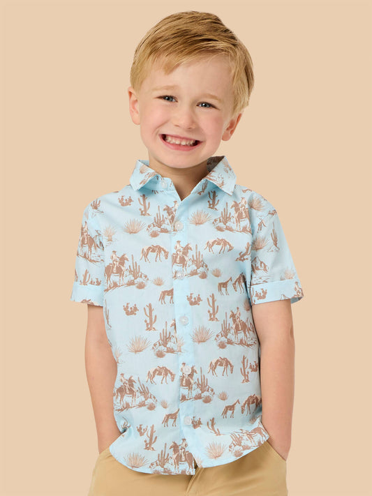 Boys Blue Western Trail Toile Short Sleeve Button Down Shirt: Blue