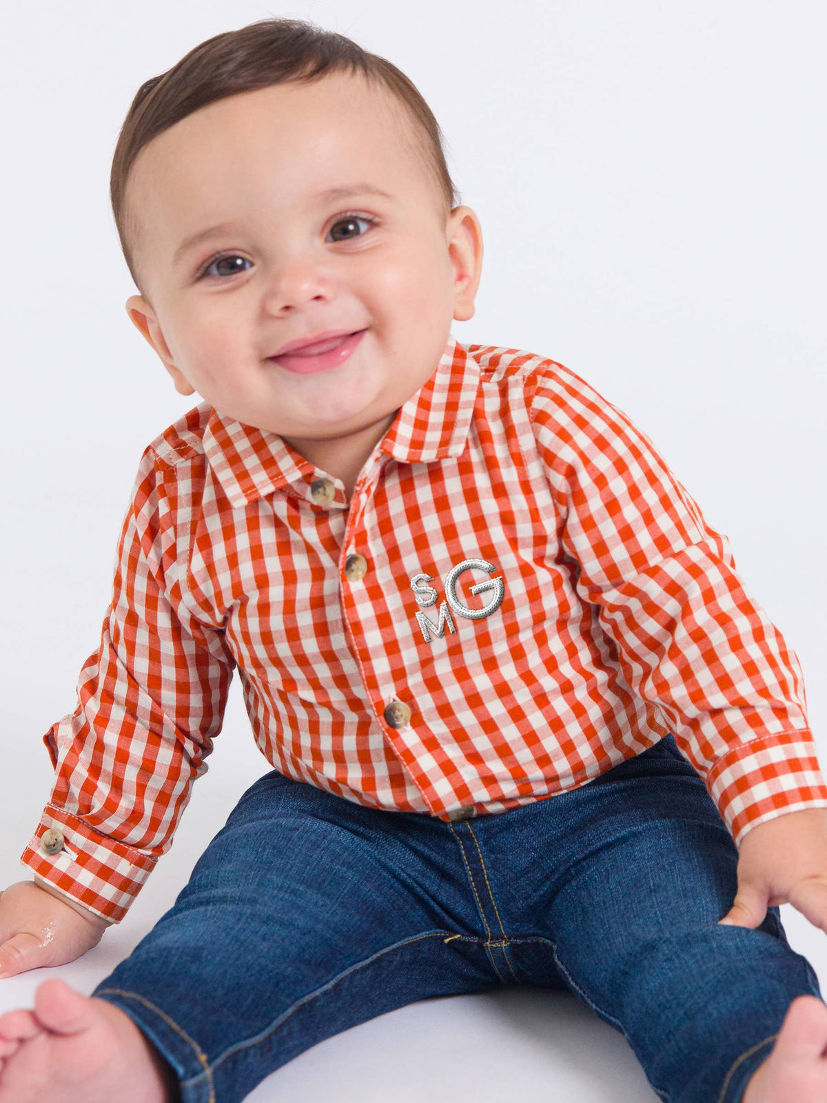 Baby Boys Classic Rust Gingham Long Sleeve Button Down Bodysuit: Orange