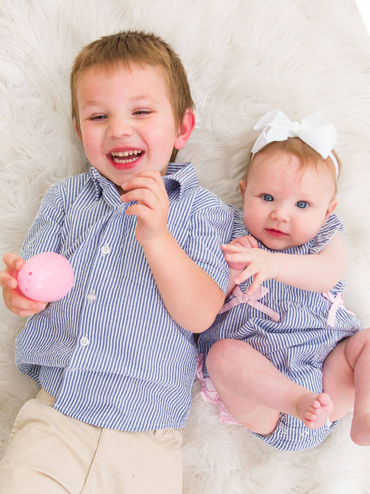 Boys Blue Seersucker Short Sleeve Button Down Shirt: Blue