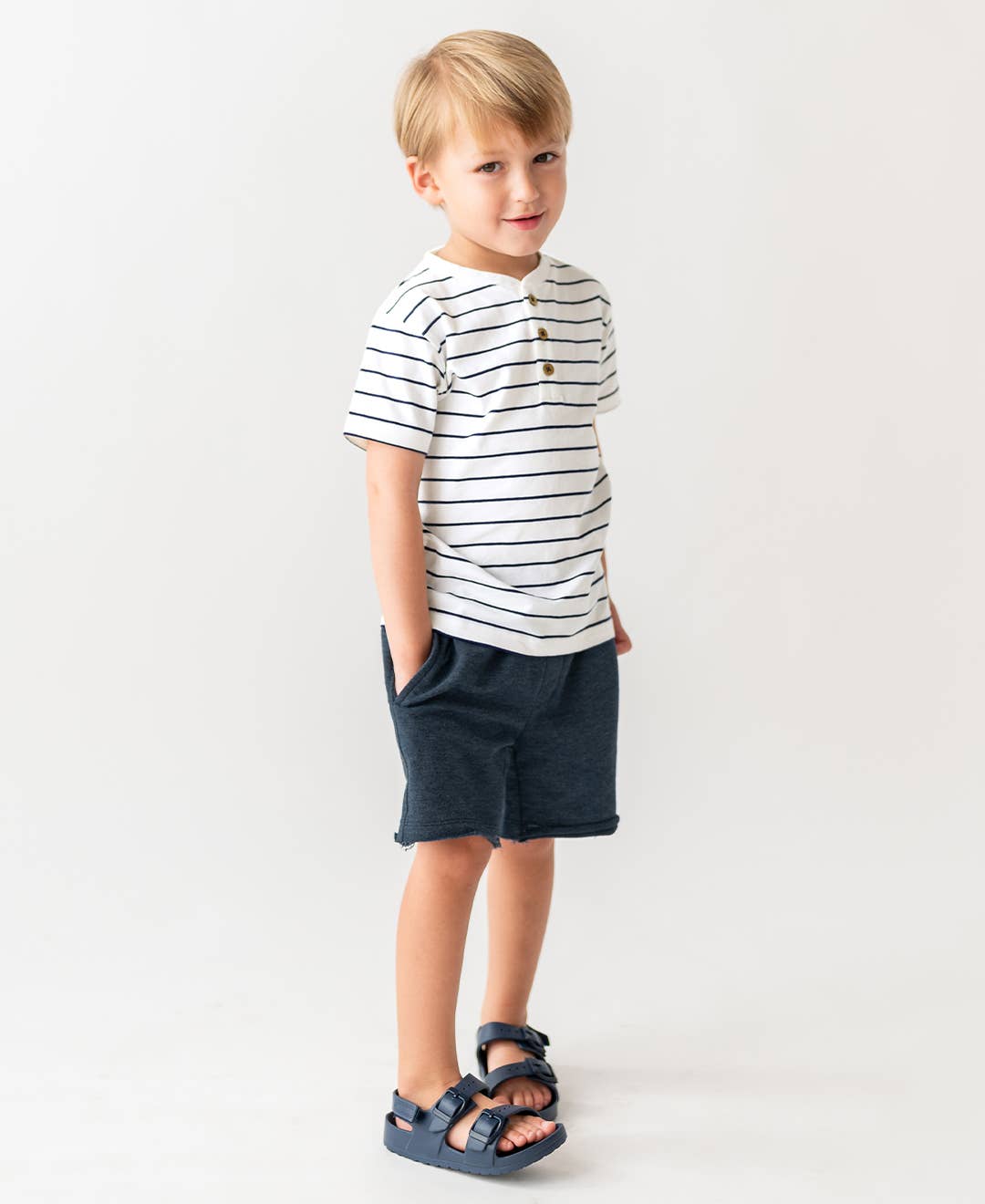 Boys White & Navy Stripe Short Sleeve Henley: Blue / 2T