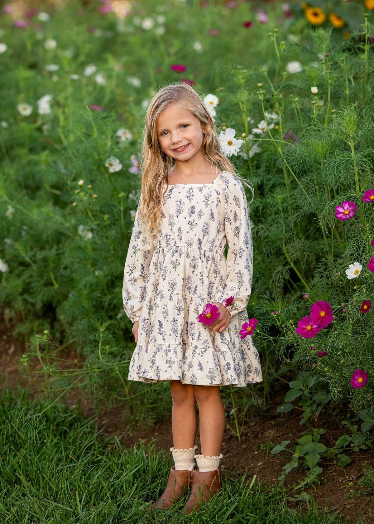 Gracie Long Sleeve Floral Print Tiered A Line Dress: Purple