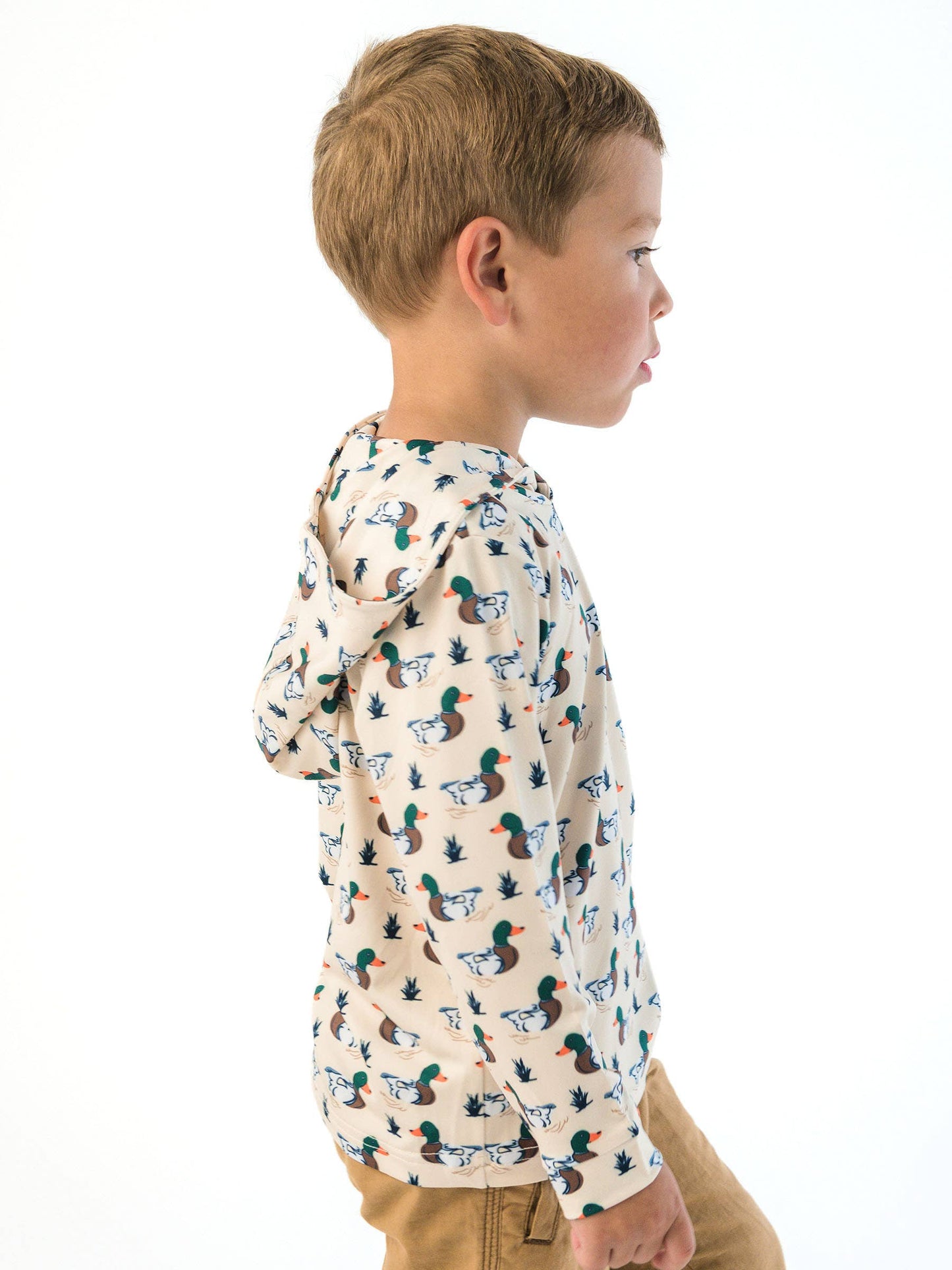 Boys Mallard Marsh Duck Performance Hooded Shirt: Off-White