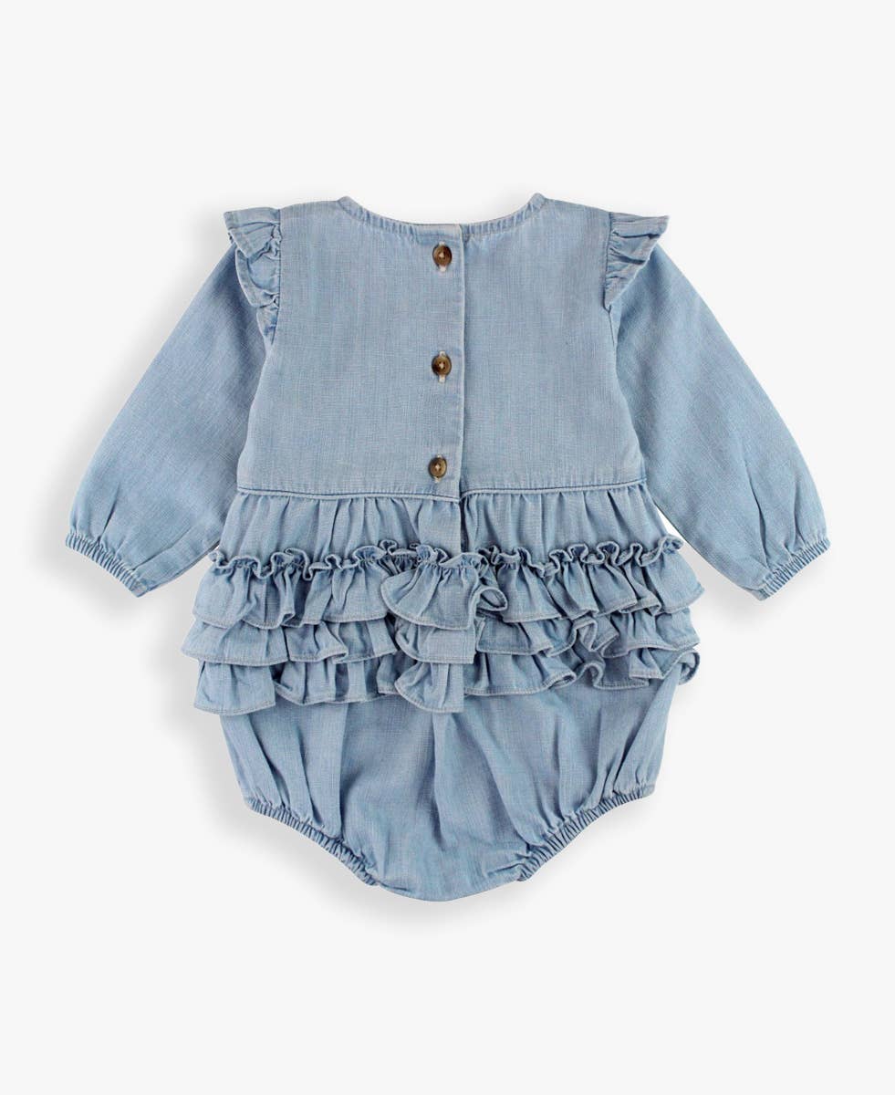 Baby Girls Light Wash Long Sleeve Flutter Bubble Romper: Blue