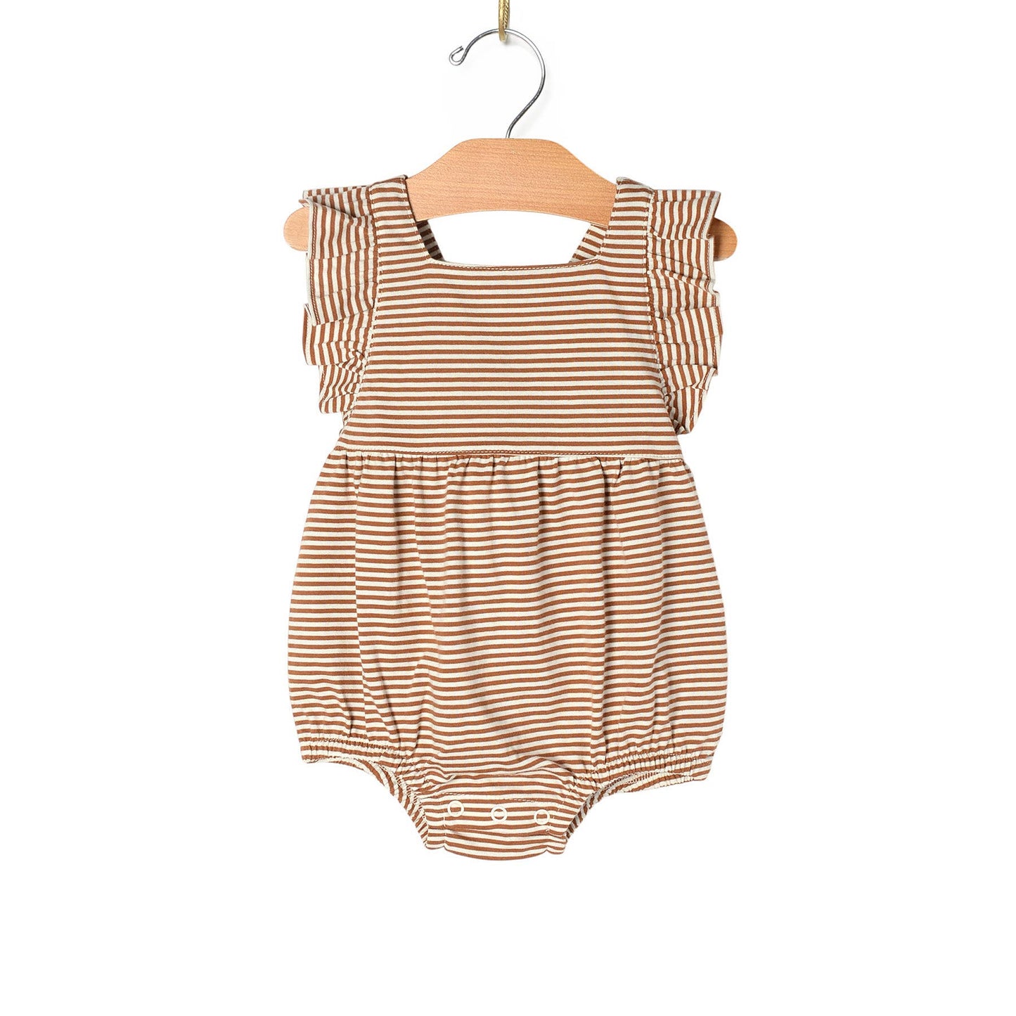 Baby Spring Overall Flutter Romper- Toffee Stripe: 12-18m