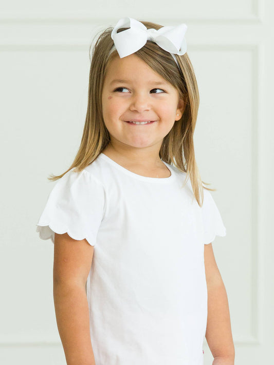 Girls White Knit Short Sleeve Scallop Tee: White