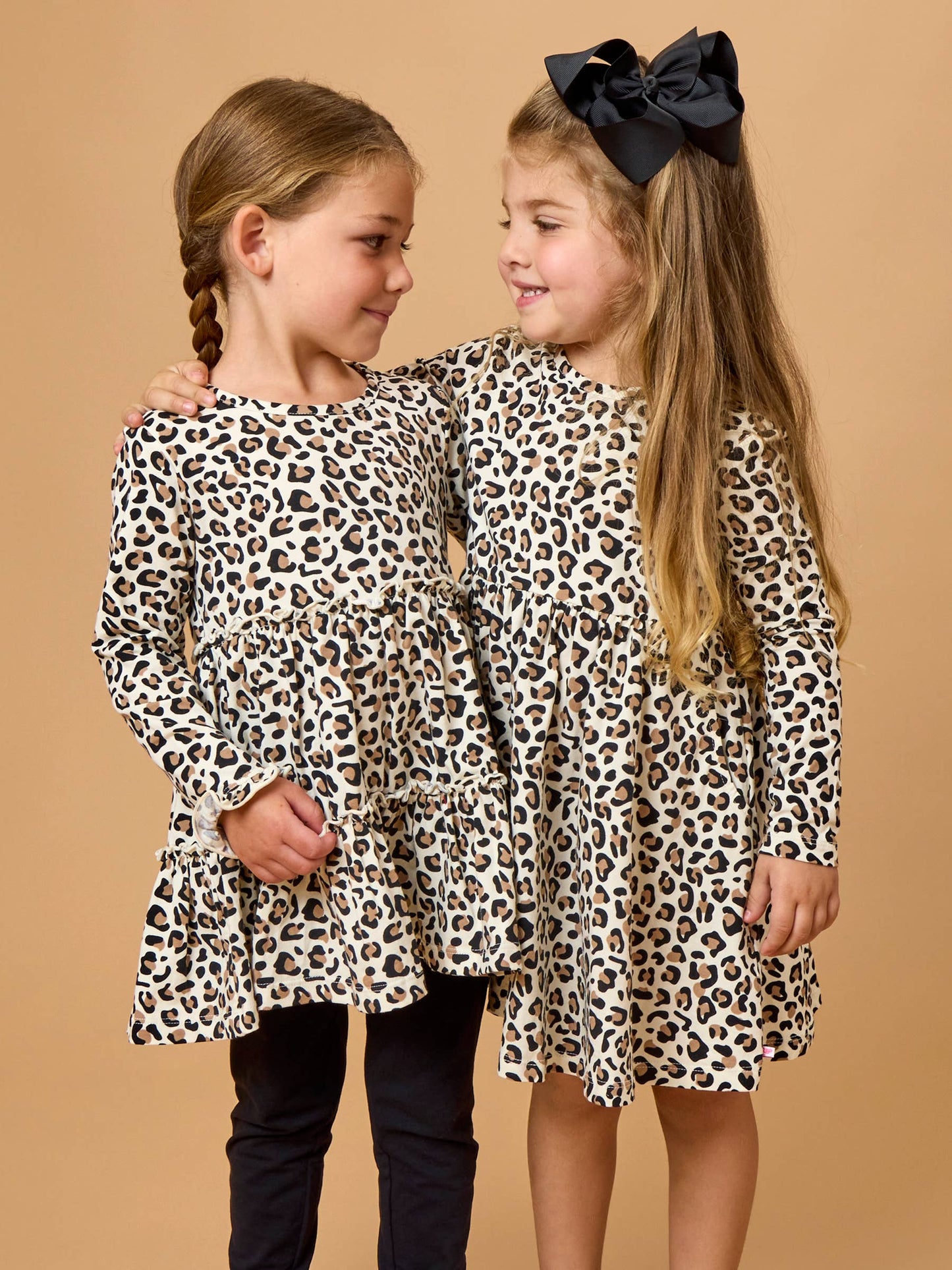 Girls Classic Leopard Knit Long Sleeve Twirl Dress: Multi-Color