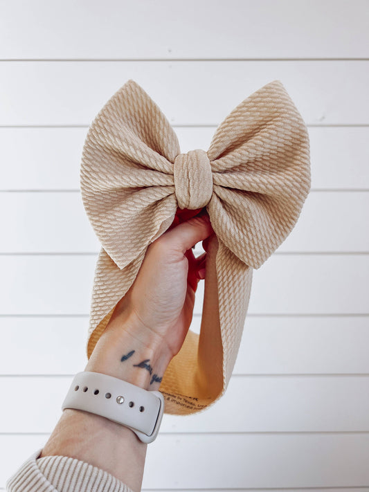 Tan Bullet Bow + Headwrap : NEWBORN HEADWRAP (5INCH BOW) BEST FITS 0-3M