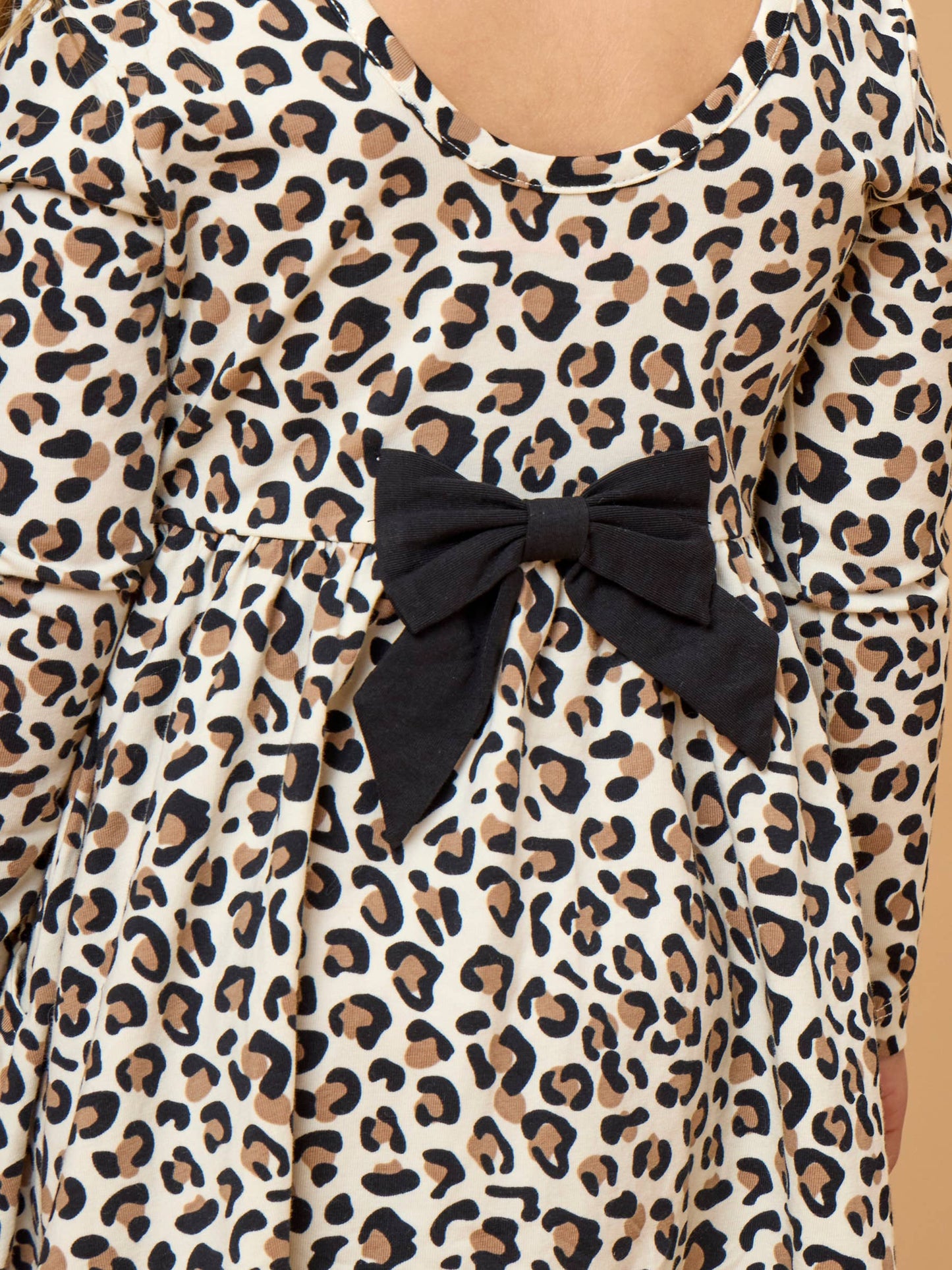 Girls Classic Leopard Knit Long Sleeve Twirl Dress: Multi-Color