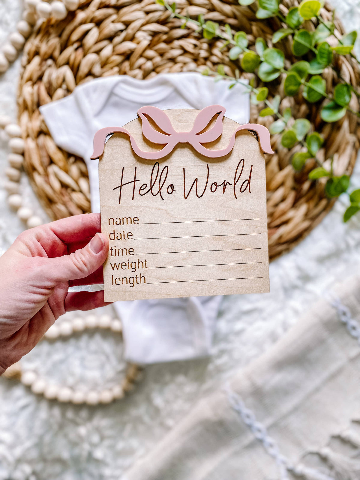 Hello World Birth Stat Sign - Bows: Blush