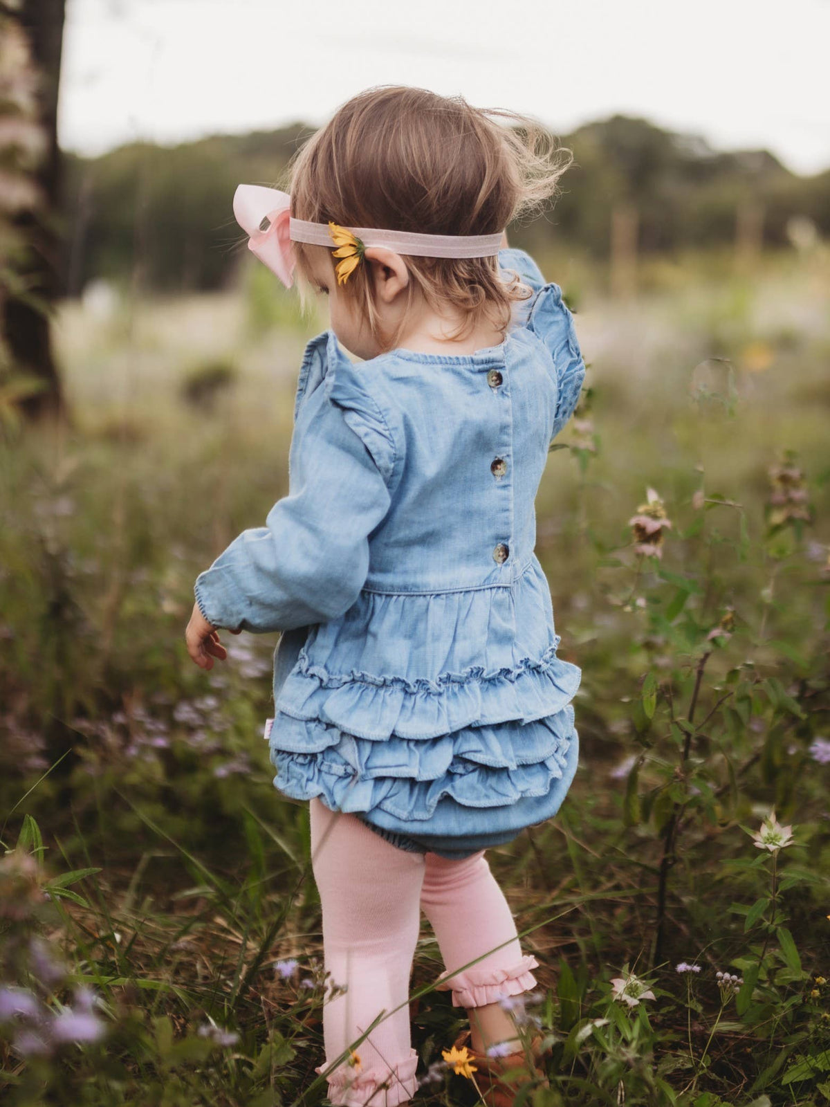Baby Girls Light Wash Long Sleeve Flutter Bubble Romper: Blue