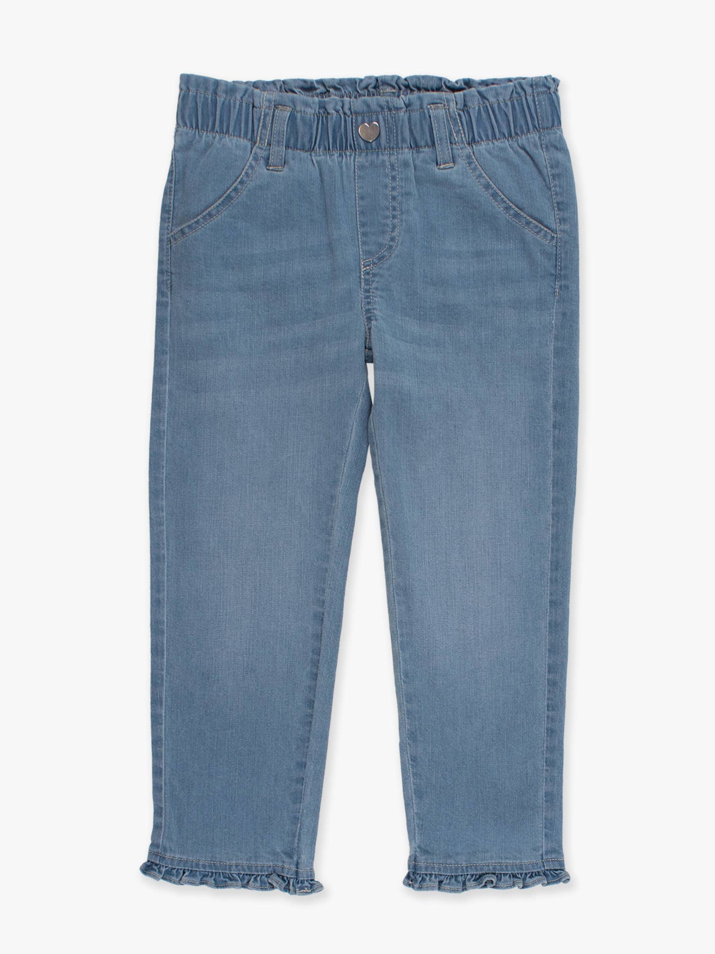 Girls Light Wash Stretch Denim Ruffle Straight Jeans: Blue