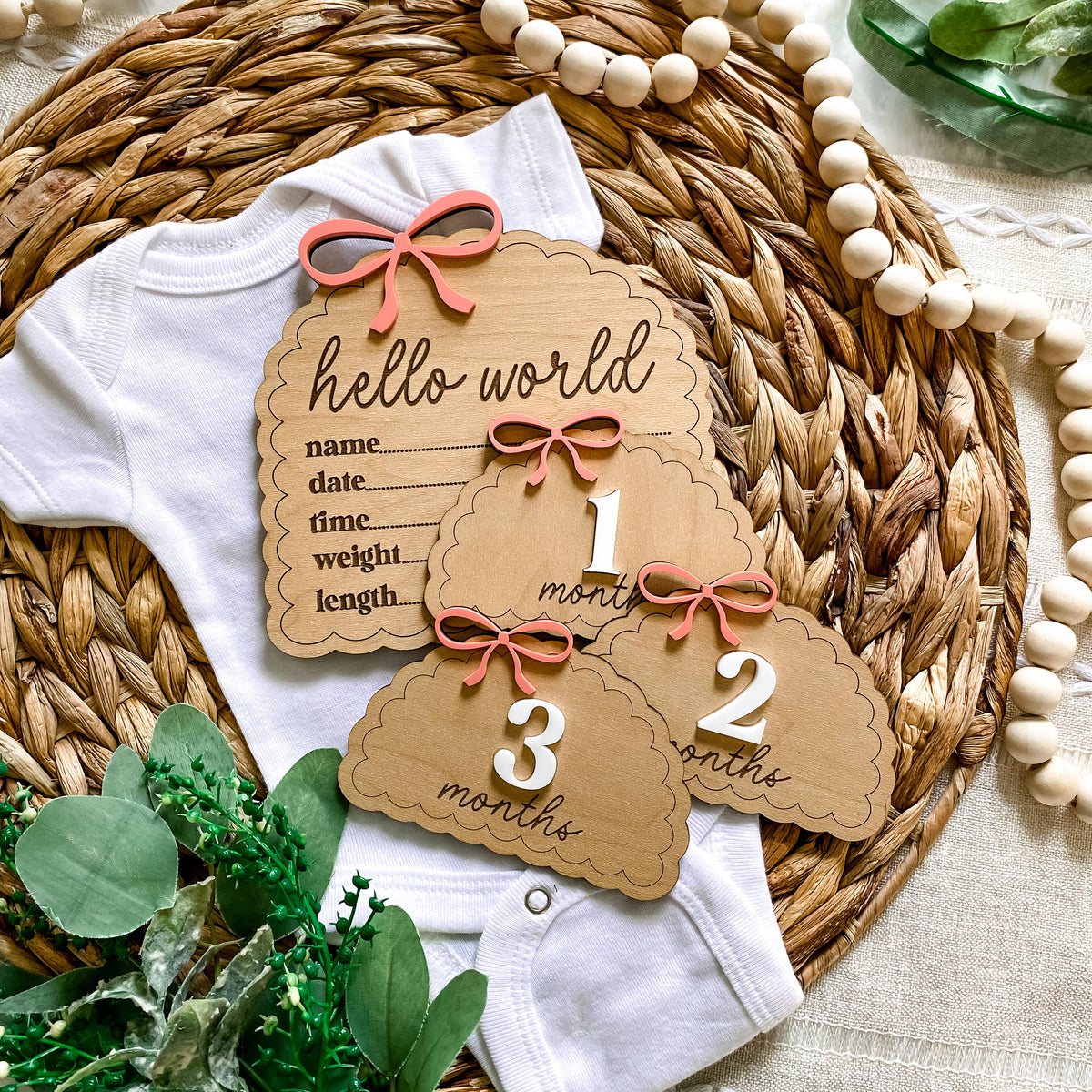 Wooden Monthly Milestone Set - Dainty Bows : Blush