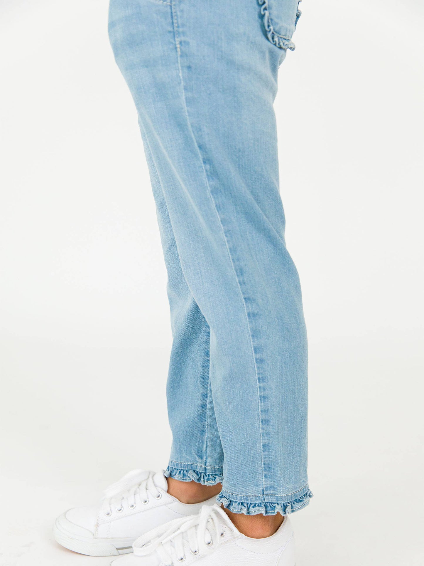 Girls Light Wash Stretch Denim Ruffle Straight Jeans: Blue