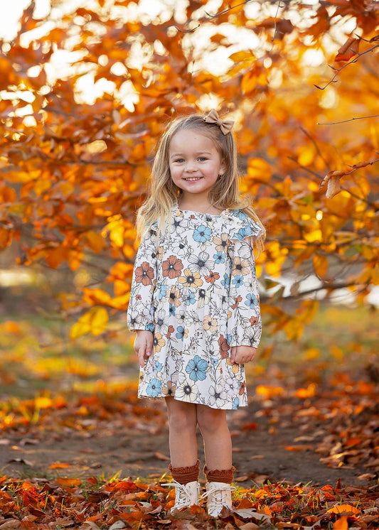 Autumn Blooms Long Sleeve Floral Ruffle Trim A Line Dress: Creme