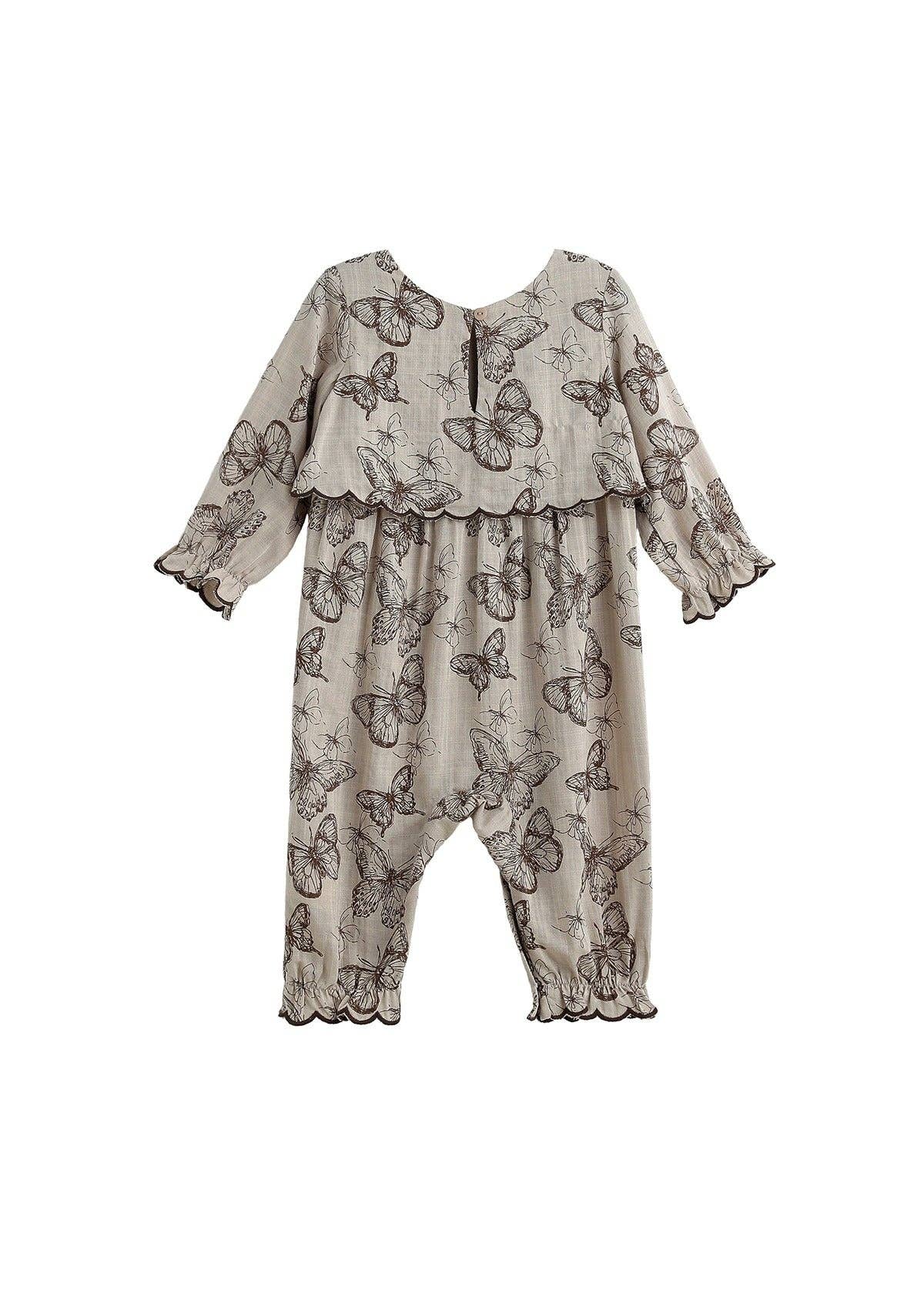 Miss Maple Long Sleeve Butterfly Print Tiered Romper: Brown