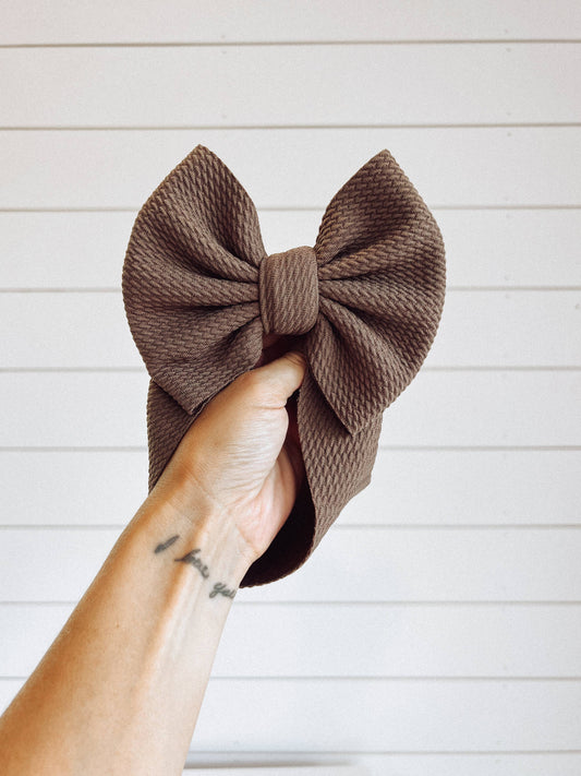 Chocolate Brown + Bullet Bow: INFANT HEADWRAP (5INCH BOW) BEST FITS 4-7M
