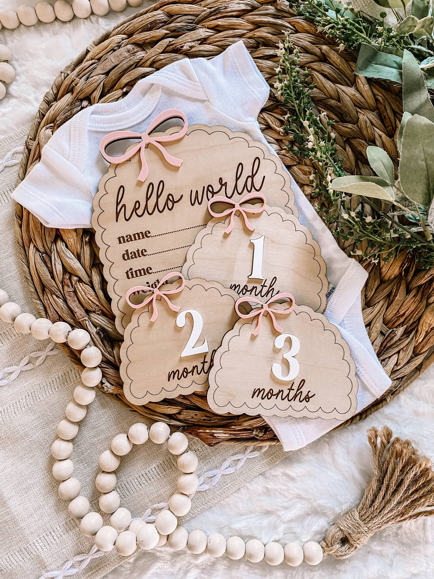 Hello World Birth Stat Sign - Dainty Bow: Blush