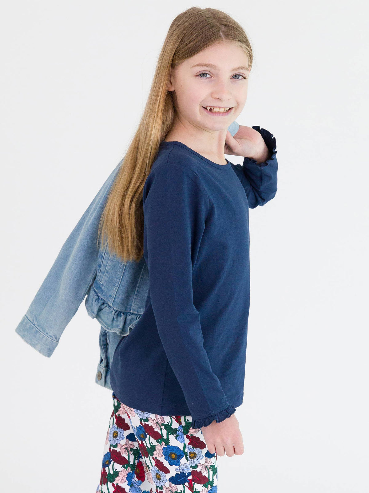 Girls Dark Navy Knit Long Sleeve Ruffle Sleeve Top