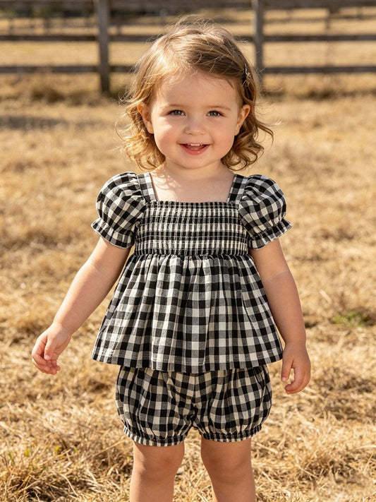 Plaid Girl Smocked Set Puff Sleeve Bloomer Set