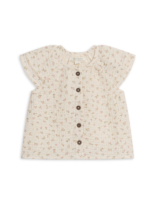 Nelly Muslin Ruffle Sleeve Top - Camellia Floral / Shell + Fern