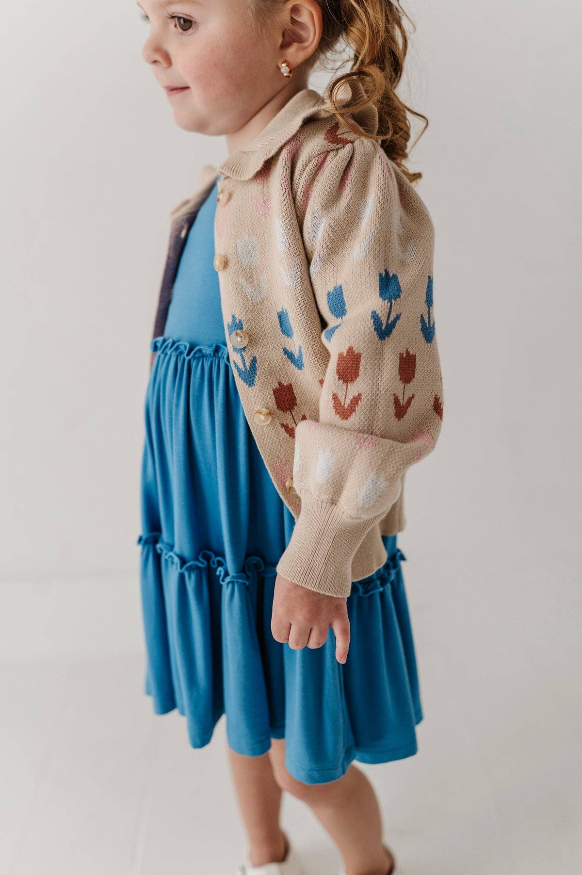 Babysprouts Girl's Floral Knit Cardigan: Beige Tulip Intarsia