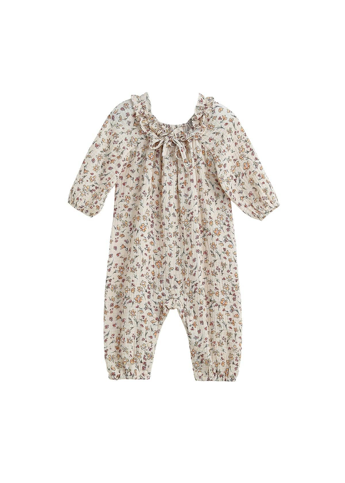 Autumn Breeze Long Sleeve Floral Ruffle Collar Romper: Red