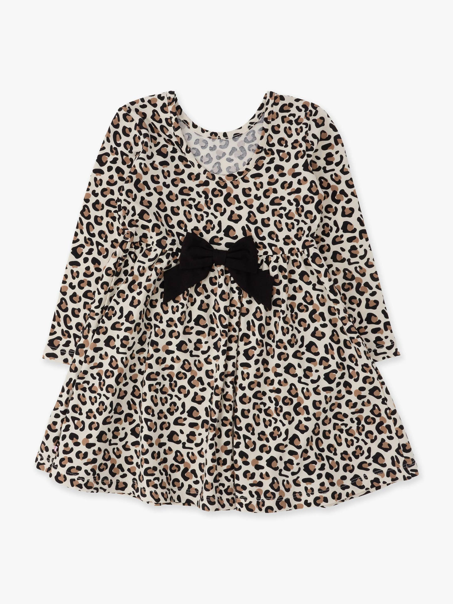 Girls Classic Leopard Knit Long Sleeve Twirl Dress: Multi-Color
