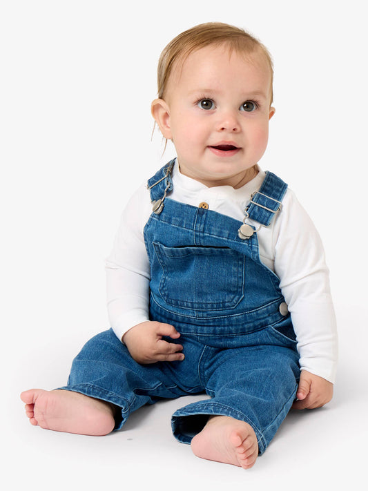 Boys Medium Wash Stretch Denim Overalls: Blue