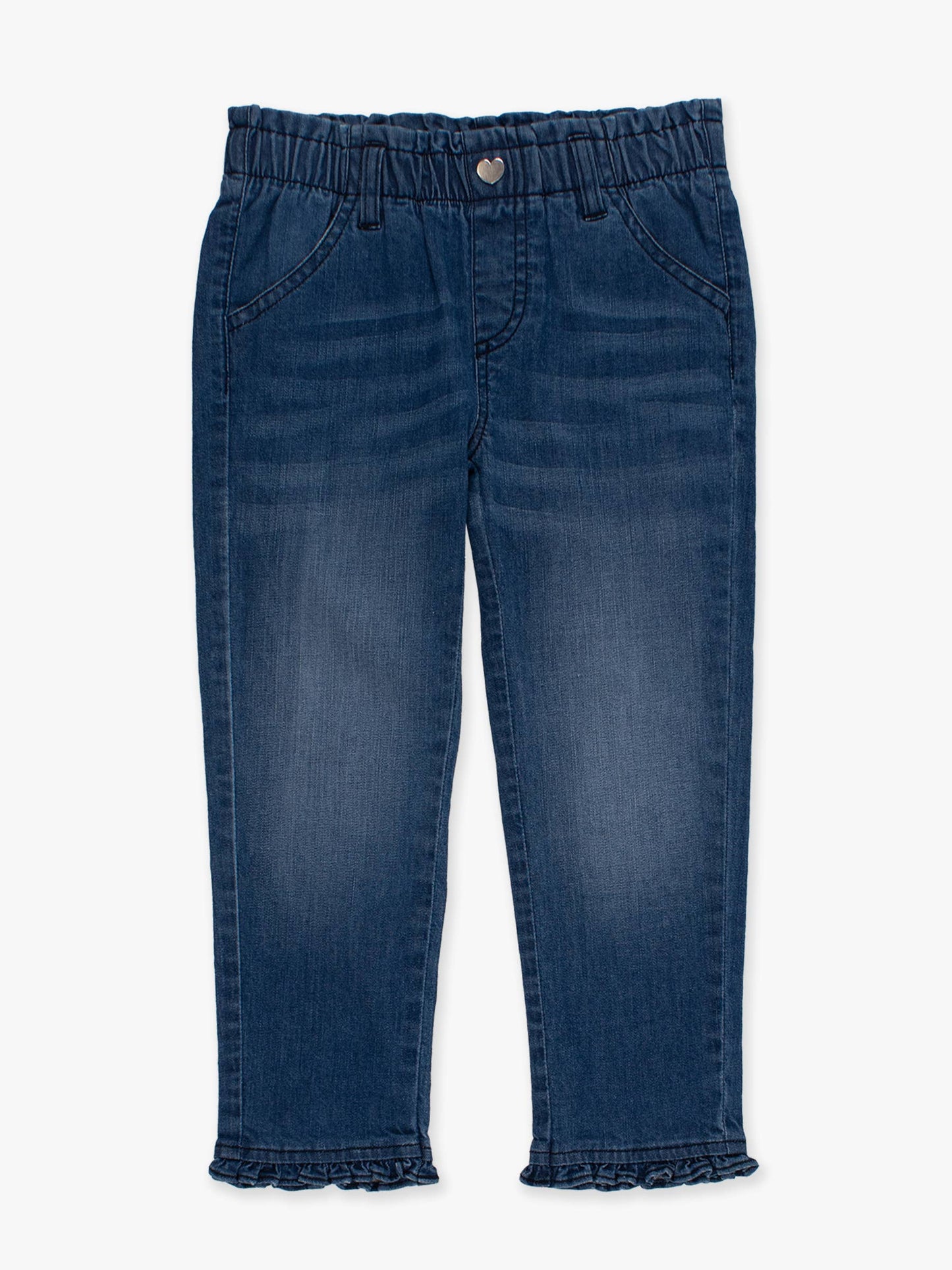 Girls Medium Wash Stretch Denim Ruffle Straight Jeans: Blue / 18-24m