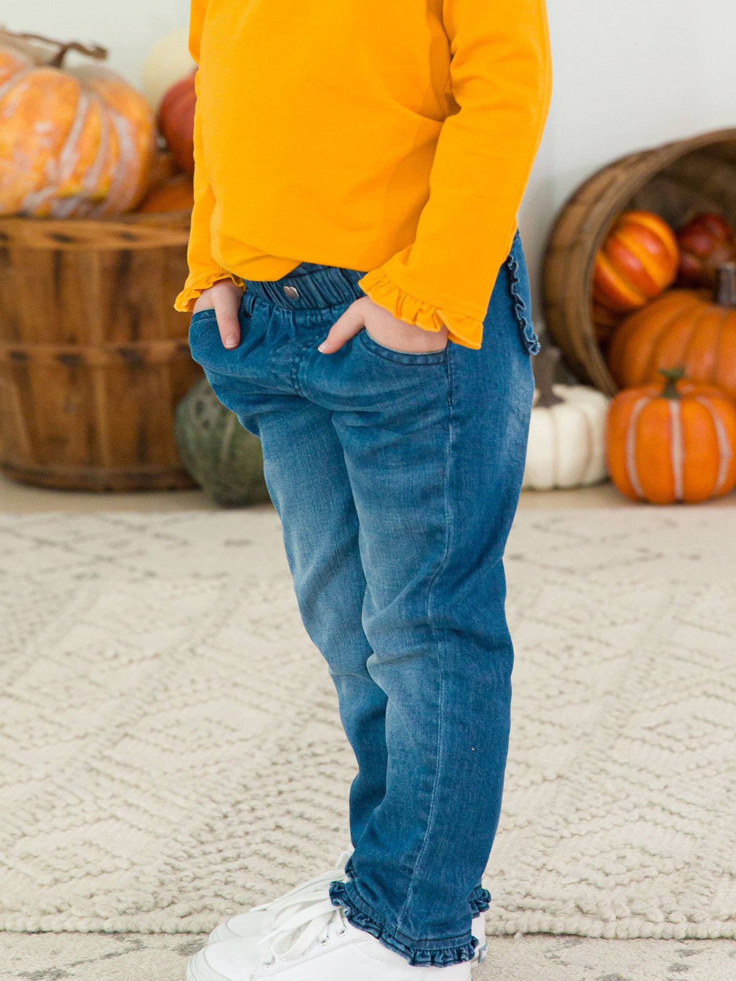 Girls Medium Wash Stretch Denim Ruffle Straight Jeans: Blue / 5