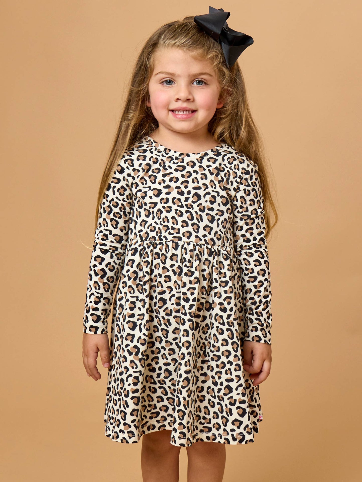 Girls Classic Leopard Knit Long Sleeve Twirl Dress: Multi-Color