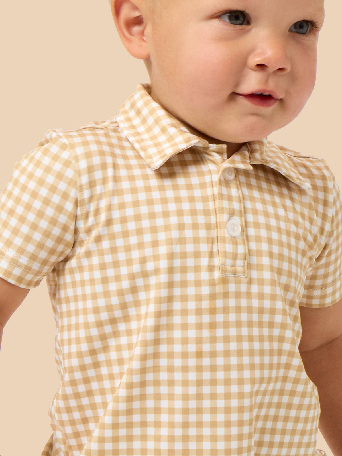 Boys Khaki Mini Gingham Knit Short Sleeve Performance Polo: Brown