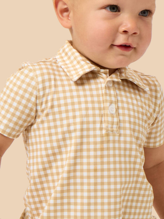 Boys Khaki Mini Gingham Knit Short Sleeve Performance Polo: Brown