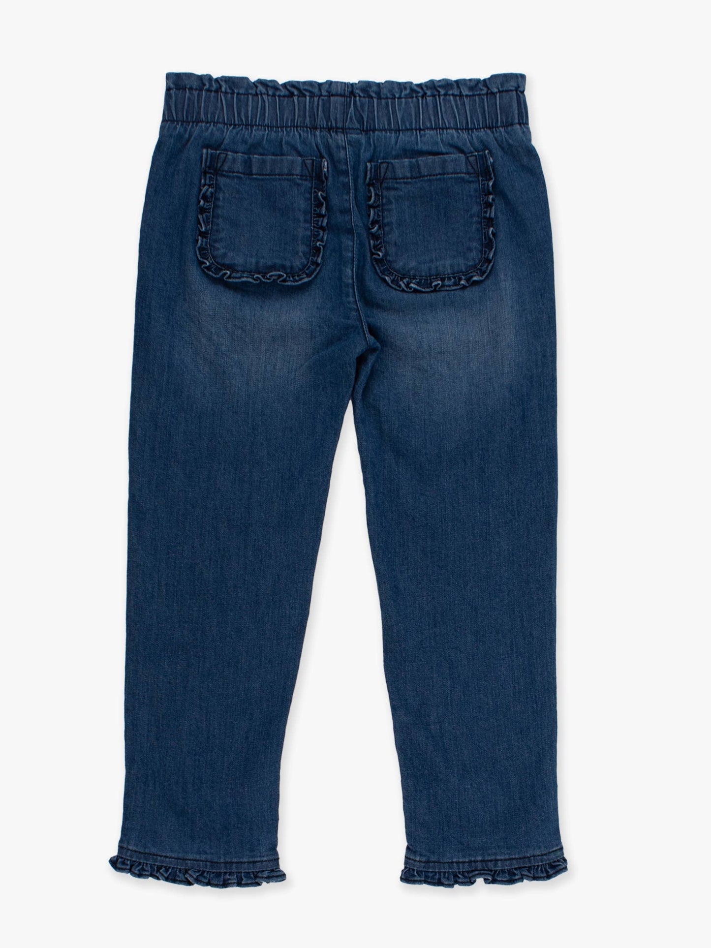 Girls Medium Wash Stretch Denim Ruffle Straight Jeans: Blue / 5