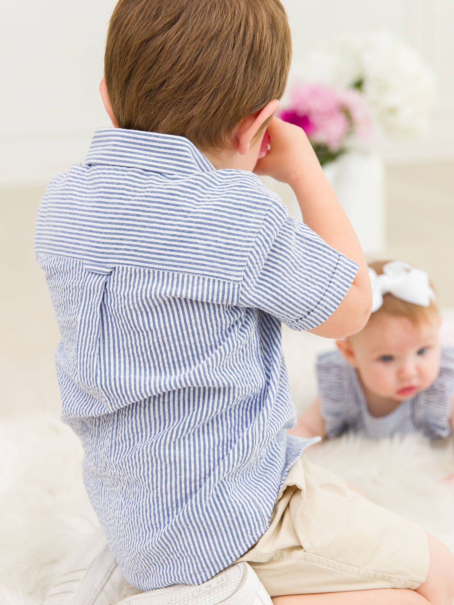 Boys Blue Seersucker Short Sleeve Button Down Shirt: Blue / 6