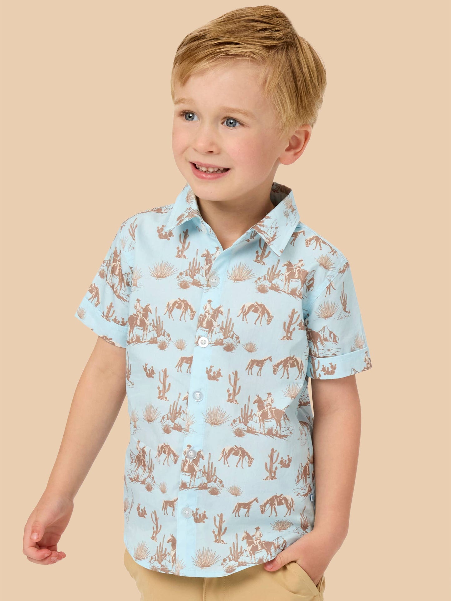 Boys Blue Western Trail Toile Short Sleeve Button Down Shirt: Blue