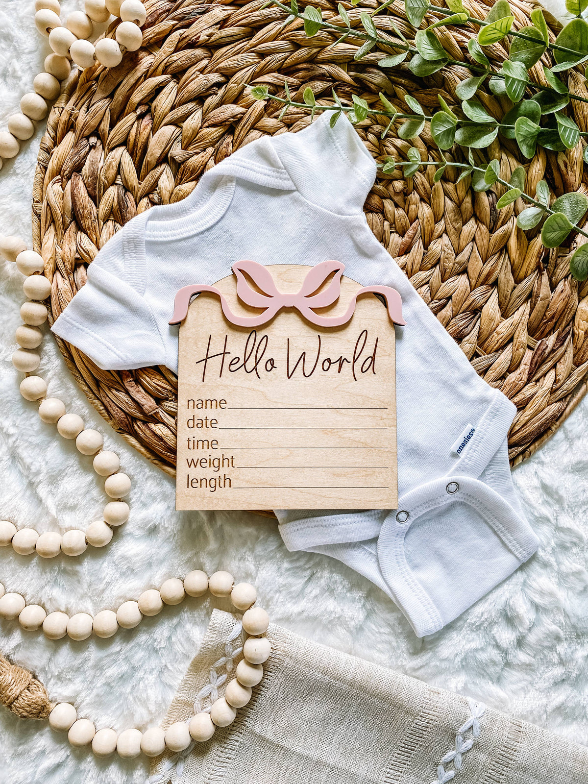 Hello World Birth Stat Sign - Bows: Blush
