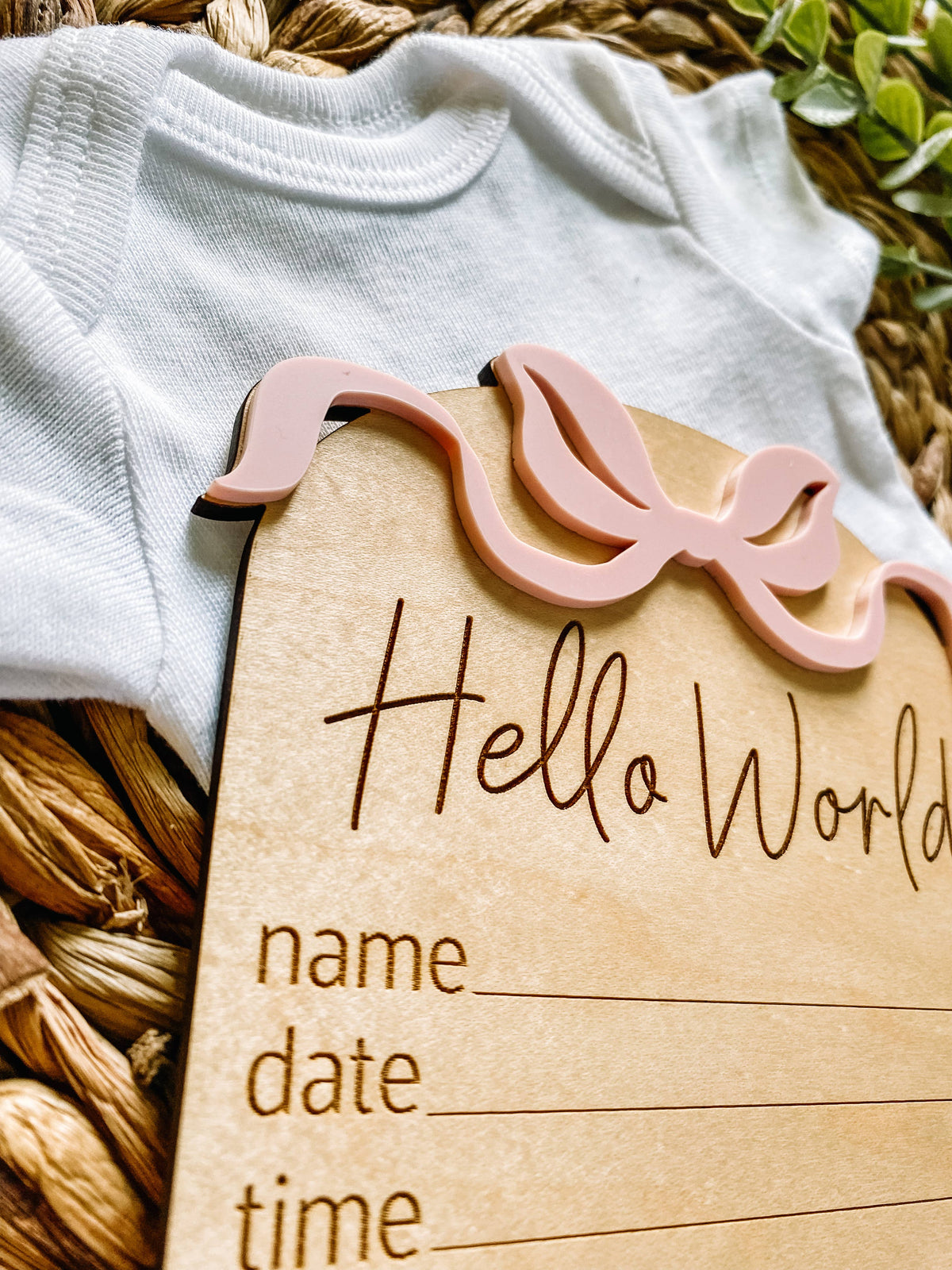 Hello World Birth Stat Sign - Bows: Blush