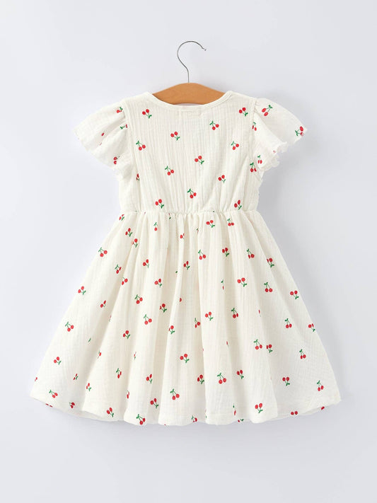 Cherry Print Girls Dress Ruffle Sleeves
