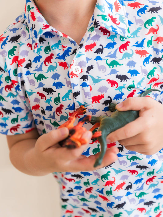 Boys Dino Roar Knit Short Sleeve Performance Polo: Navy